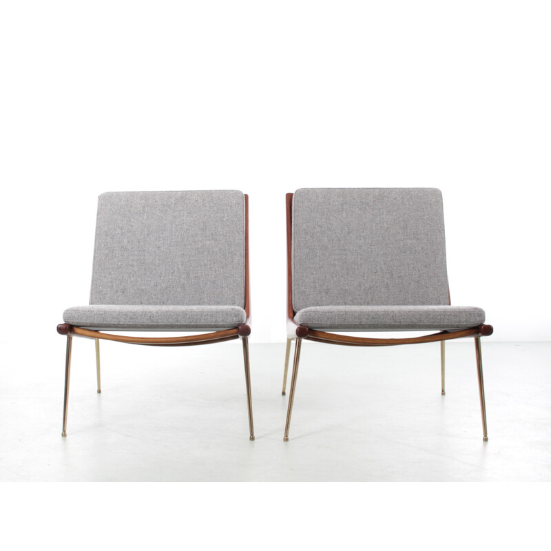 Pair of vintage "Boomerang" teak and brass armchairs by Peter Hvidt and Orla Molgaard Nielsen, Denmark