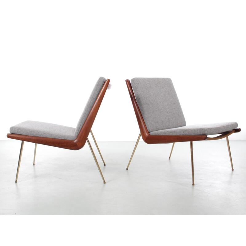 Pair of vintage "Boomerang" teak and brass armchairs by Peter Hvidt and Orla Molgaard Nielsen, Denmark