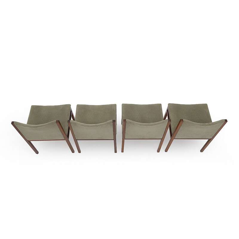 Ensemble de 4 chaises vintage en bois et alcantara vert par Tito Agnoli pour La Linea, 1960