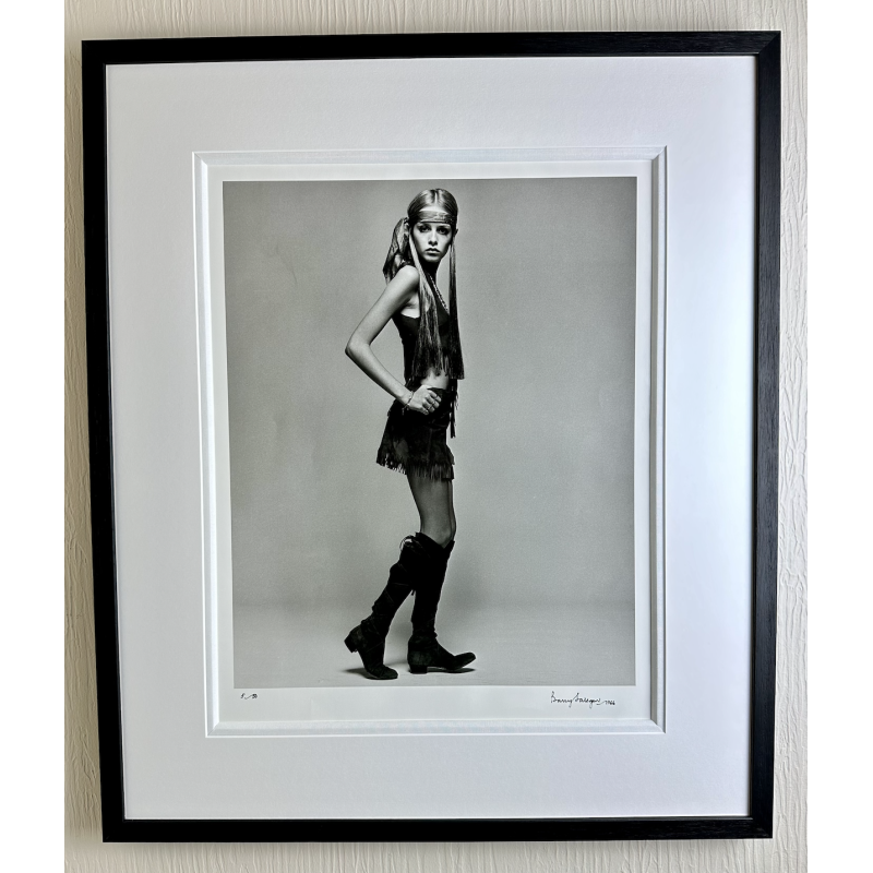 Vintage painting by Barry Lategan of Twiggy standing with a blindfold, 1966