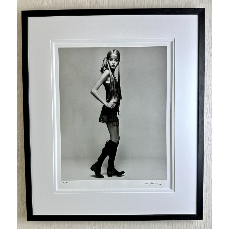 Vintage painting by Barry Lategan of Twiggy standing with a blindfold, 1966