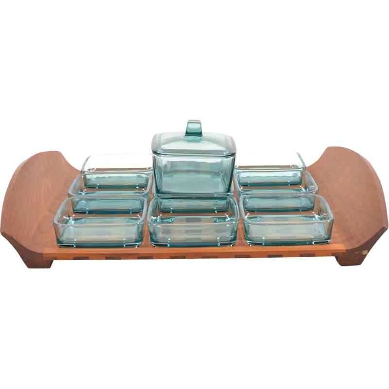 Mid-century danish teak tray with glass bowls - 1960s