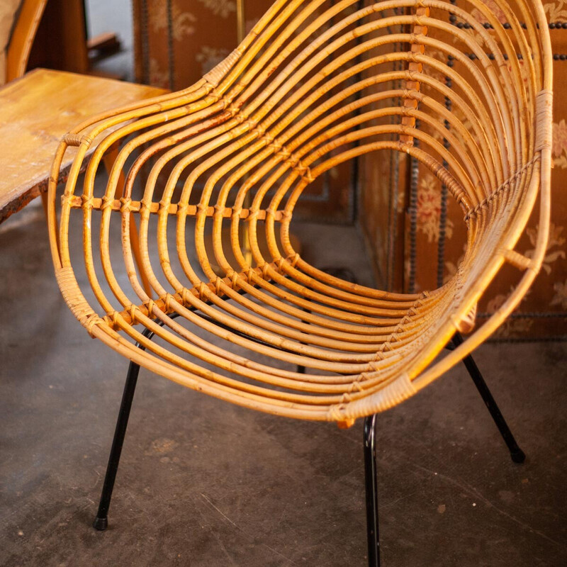 Vintage rattan and metal armchair by H. Broekhuizen for Rohé Noordwolde, Netherlands 1960