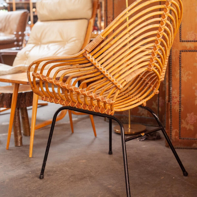 Fauteuil vintage en rotin et métal par H. Broekhuizen pour Rohé Noordwolde, Pays-Bas 1960