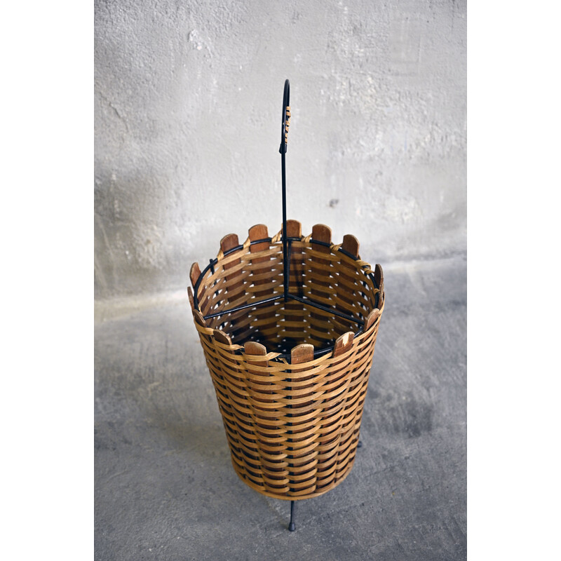 Vintage umbrella stand in rattan and black lacquered metal, 1950