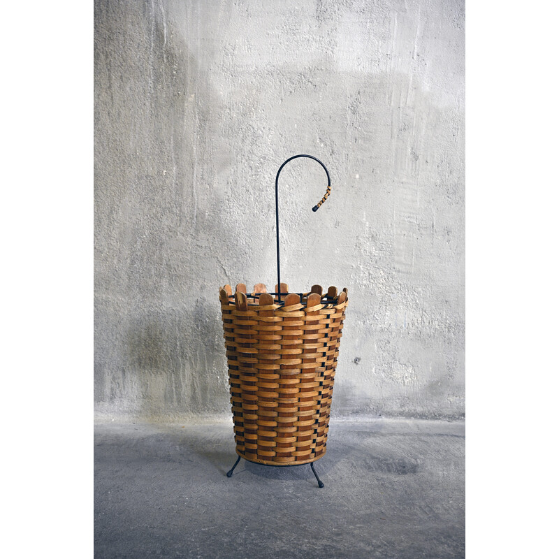 Vintage umbrella stand in rattan and black lacquered metal, 1950