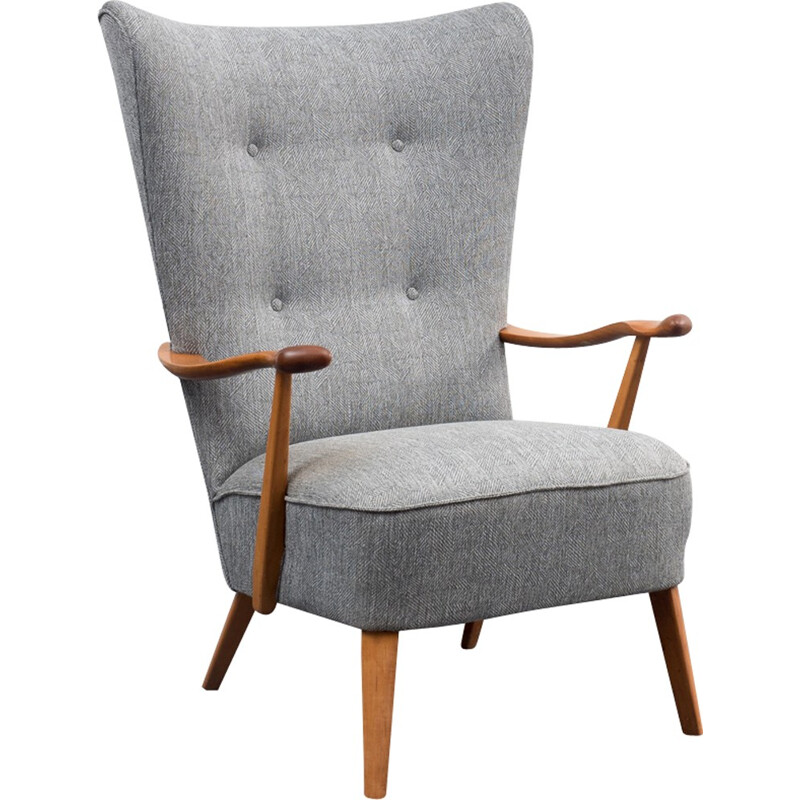 Grey wing armchair with sold walnut structure - 1950s