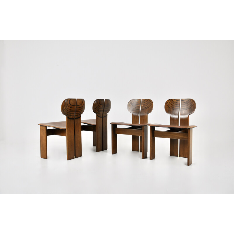 Set of 4 vintage wood and brown leather dining chairs by Afra and Tobia Scarpa for Maxalto, 1975