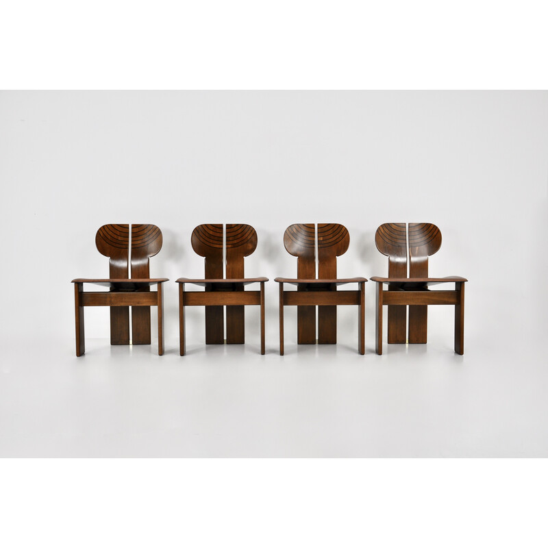 Set of 4 vintage wood and brown leather dining chairs by Afra and Tobia Scarpa for Maxalto, 1975