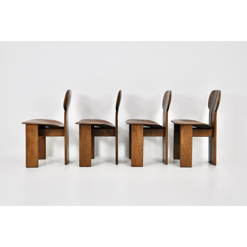 Set of 4 vintage wood and brown leather dining chairs by Afra and Tobia Scarpa for Maxalto, 1975