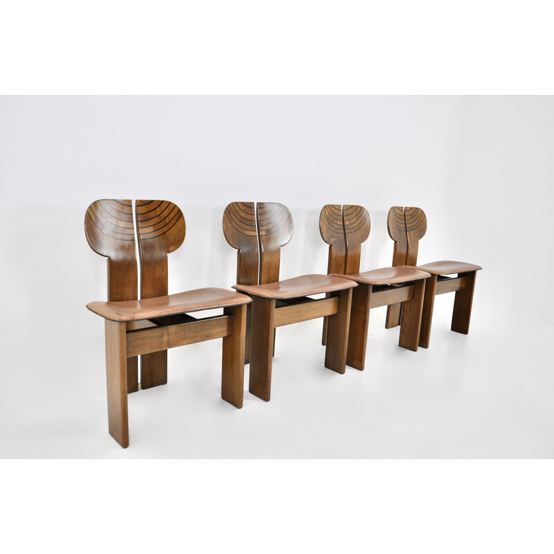 Set of 4 vintage wood and brown leather dining chairs by Afra and Tobia Scarpa for Maxalto, 1975