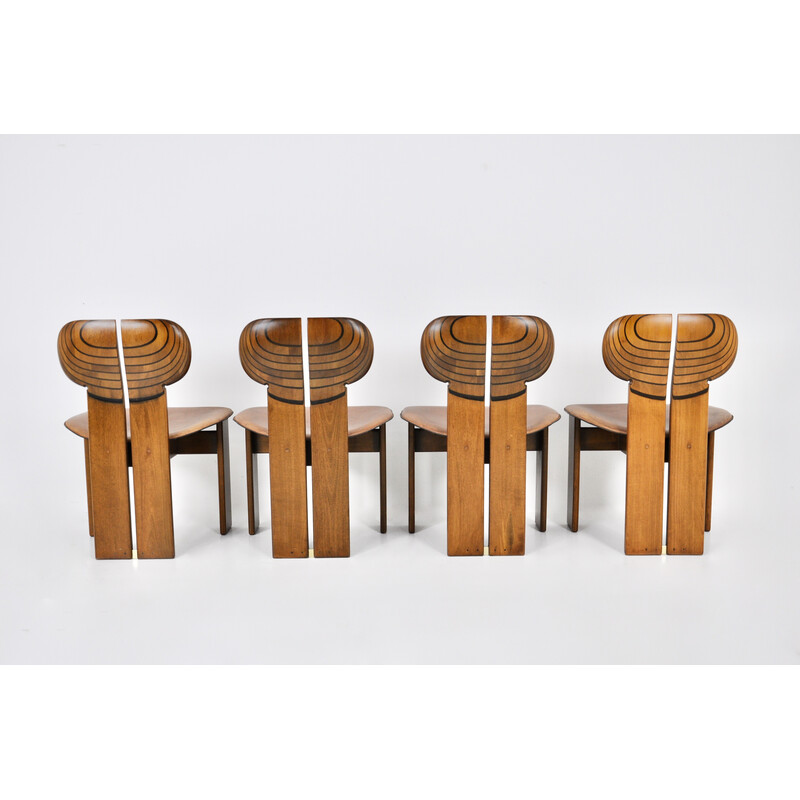 Set van 4 vintage houten en bruin leren eetkamerstoelen van Afra en Tobia Scarpa voor Maxalto, 1975
