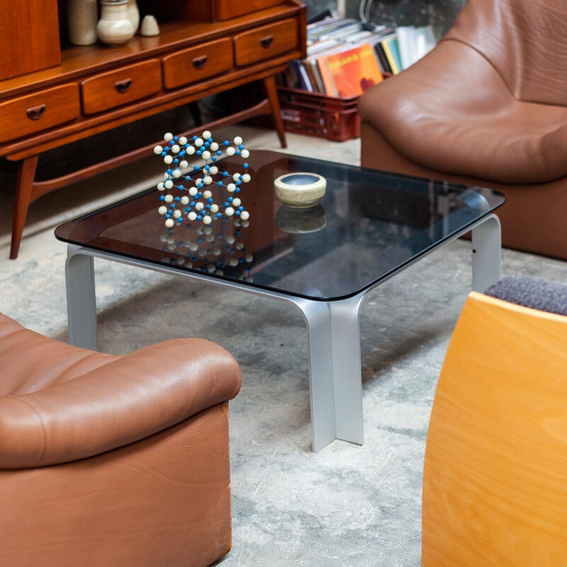 Table basse vintage en aluminium et verre fumé par Pierre Mazairac pour Pastoe, 1970