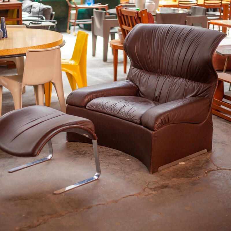 Vintage armchairs with brown leather ottoman by Giovanni Offredi for Saporiti, Italy 1970