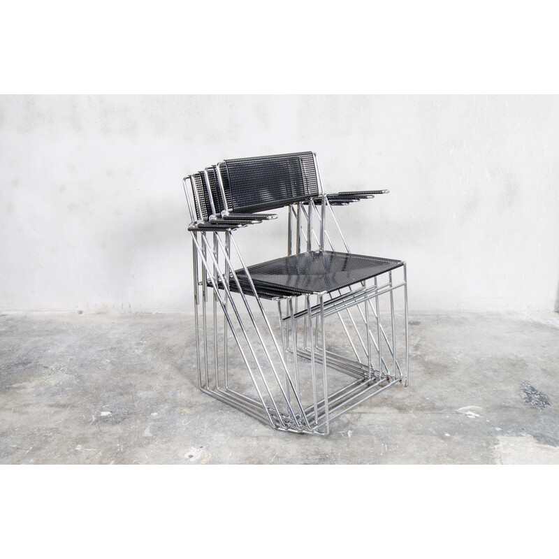 Set of 4 vintage chrome steel dining chairs by Niels Jørgen Haugesen for Hybodan A/S, Denmark 1977