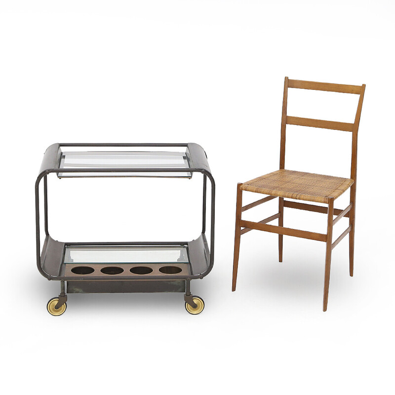 Chariot vintage en laiton et verre par Stockburger, 1950