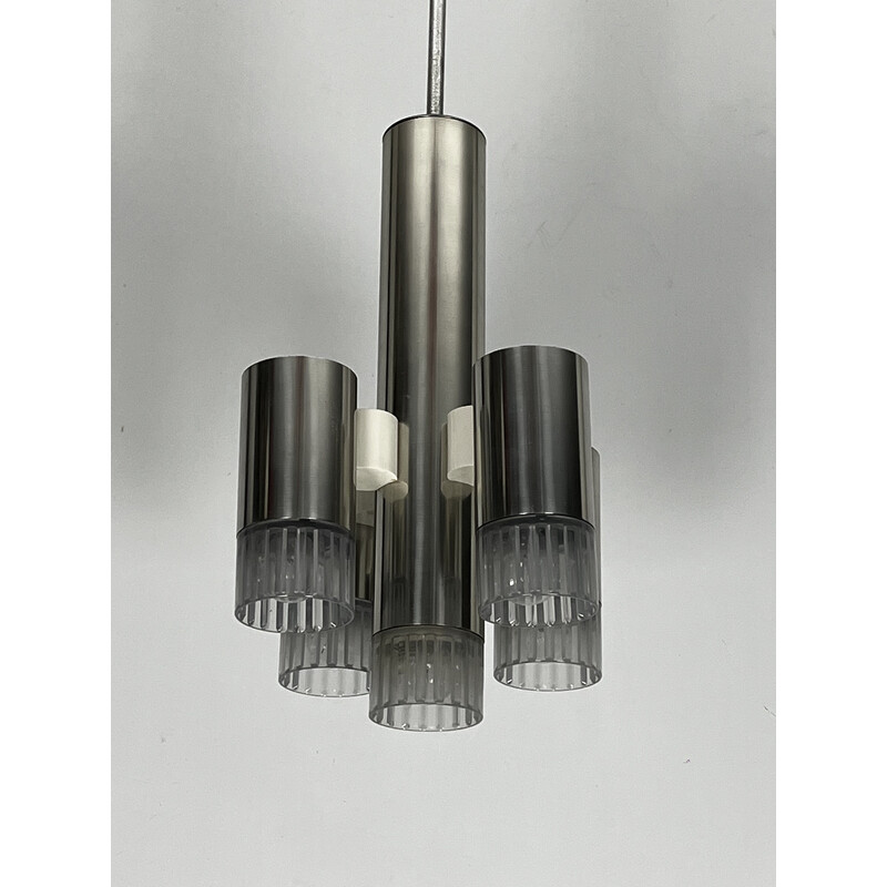 Vintage geometric chandelier in chrome and plexiglass for Sciolari, Italy 1970