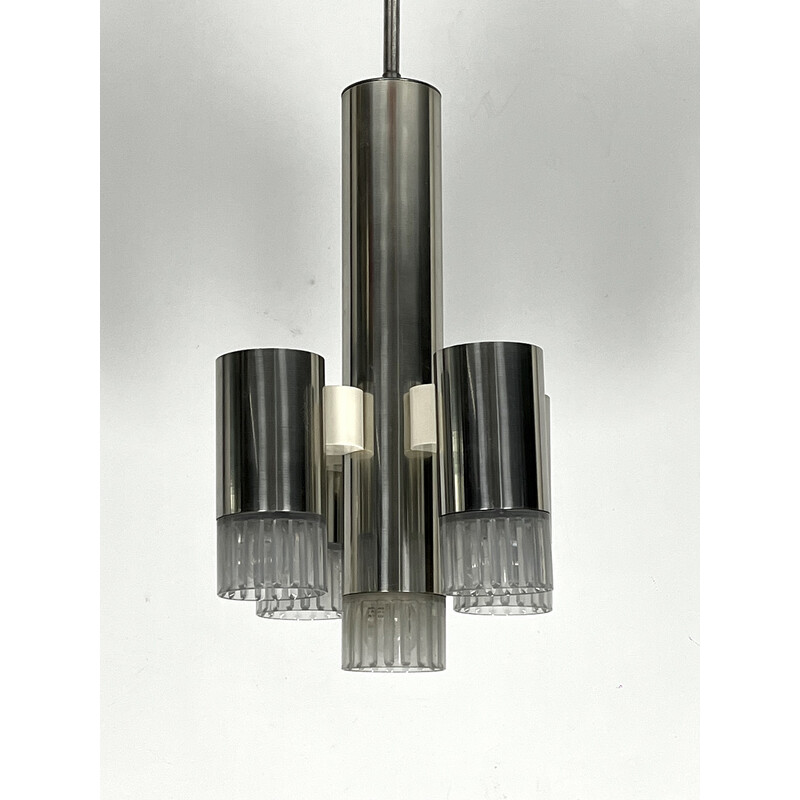 Vintage geometric chandelier in chrome and plexiglass for Sciolari, Italy 1970