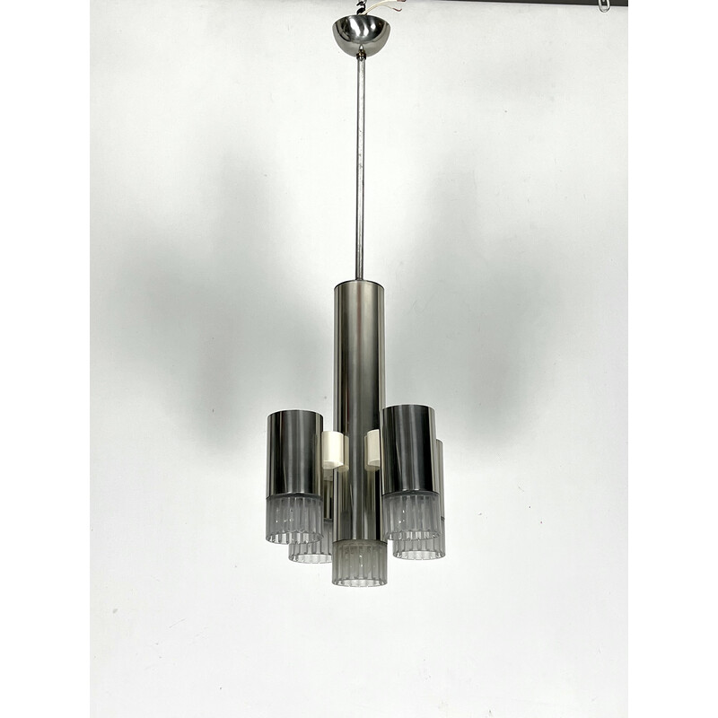 Vintage geometric chandelier in chrome and plexiglass for Sciolari, Italy 1970