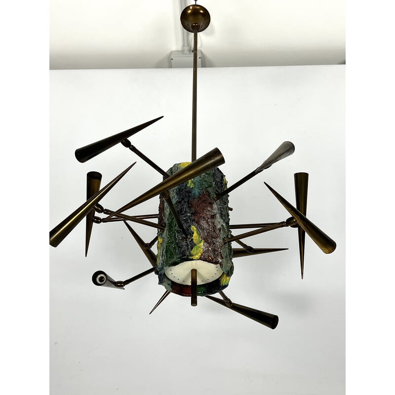 Vintage ceramic and brass chandelier by Leoncillo Leonardi, Italy 1952