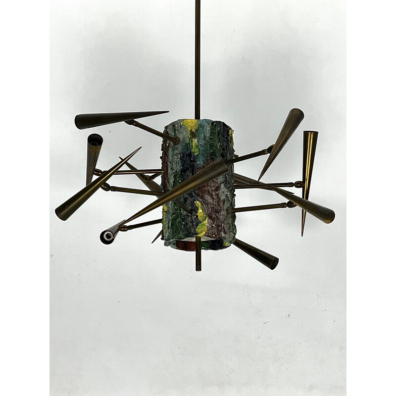 Vintage ceramic and brass chandelier by Leoncillo Leonardi, Italy 1952