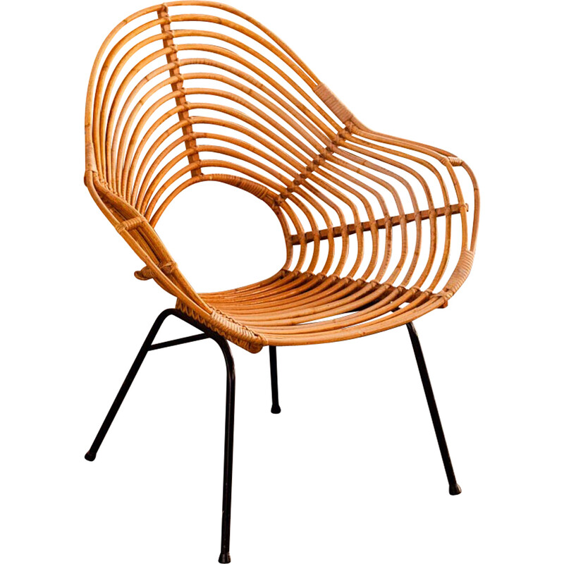 Vintage rattan and metal armchair by H. Broekhuizen for Rohé Noordwolde, Netherlands 1960