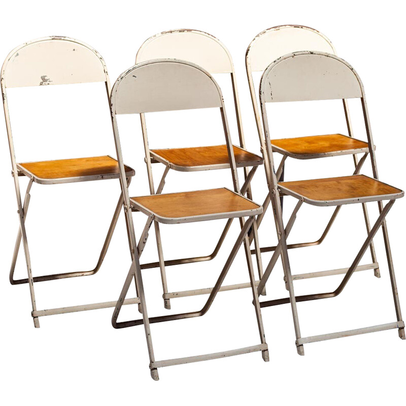 Lot de 5 chaises vintage pliables en métal et contreplaqué par Friso Kramer pour Oda, Pays-Bas 1930