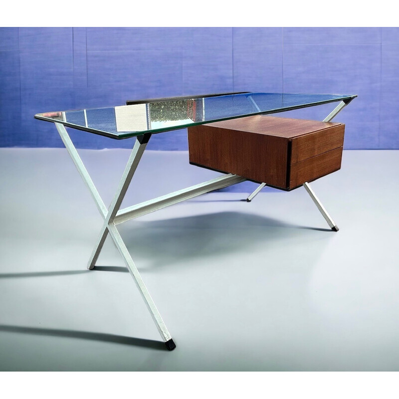 Vintage N80D desk in white lacquered steel and glass by Franco Albini