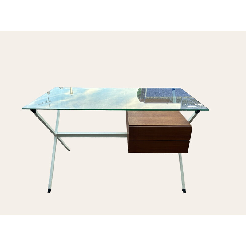 Vintage N80D desk in white lacquered steel and glass by Franco Albini