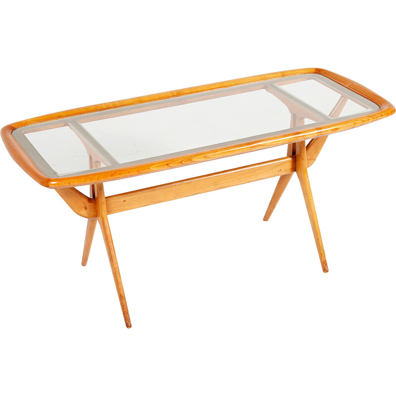 Vintage coffee table in cherry wood and glass by Cesare Lacca for Cassina, 1960