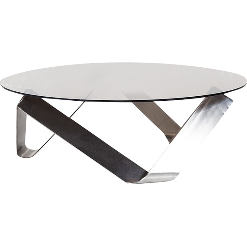 Table basse vintage ronde en verre et aluminium poli par Knut Hesterberg pour Ronald Schmitt, Allemagne 1970