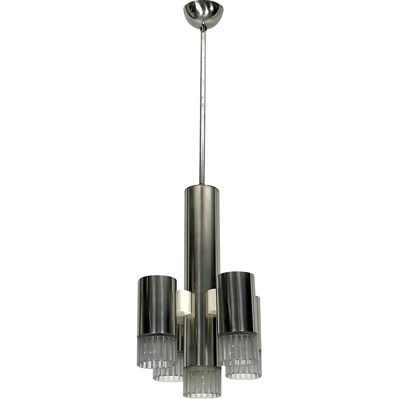 Vintage geometric chandelier in chrome and plexiglass for Sciolari, Italy 1970