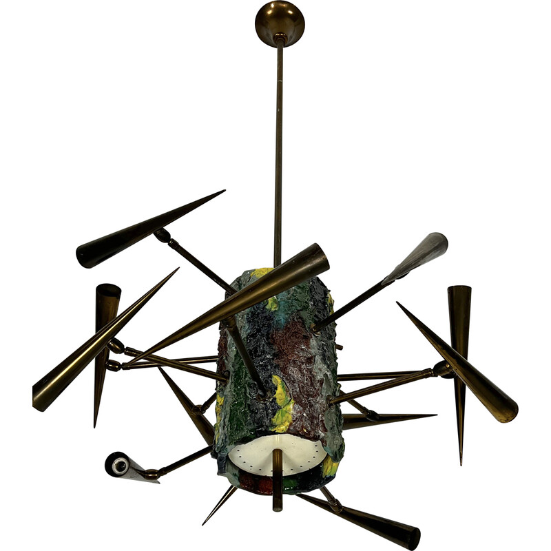 Vintage ceramic and brass chandelier by Leoncillo Leonardi, Italy 1952