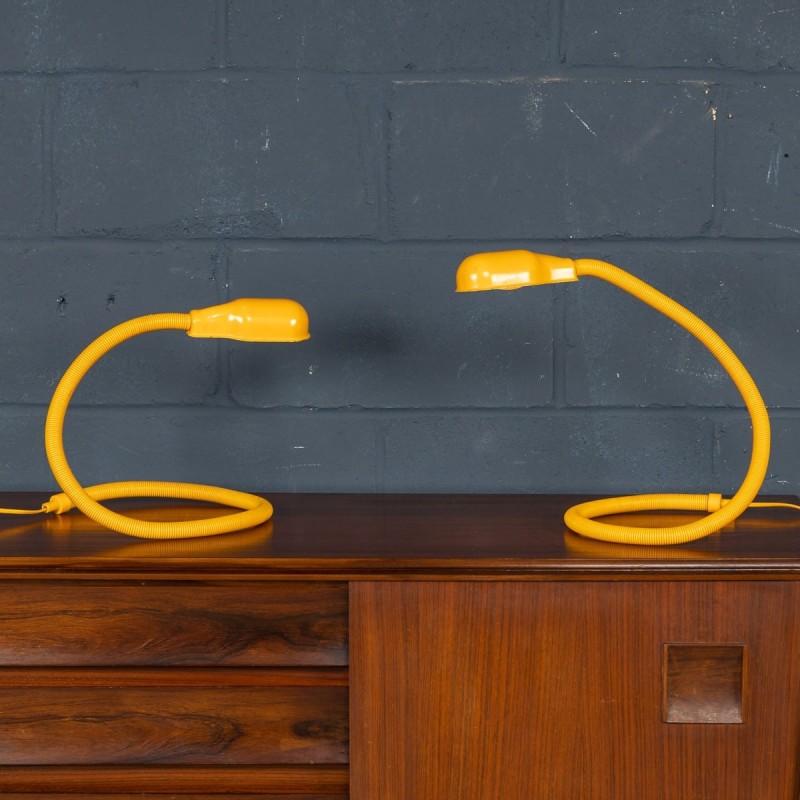 Pair of vintage Hebi table lamps in metal and yellow plastic by Isao Hosoe for Valenti, Italy 1970
