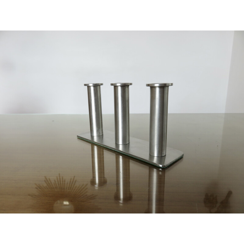 Vintage stainless steel candlestick with 3 candles, 1970