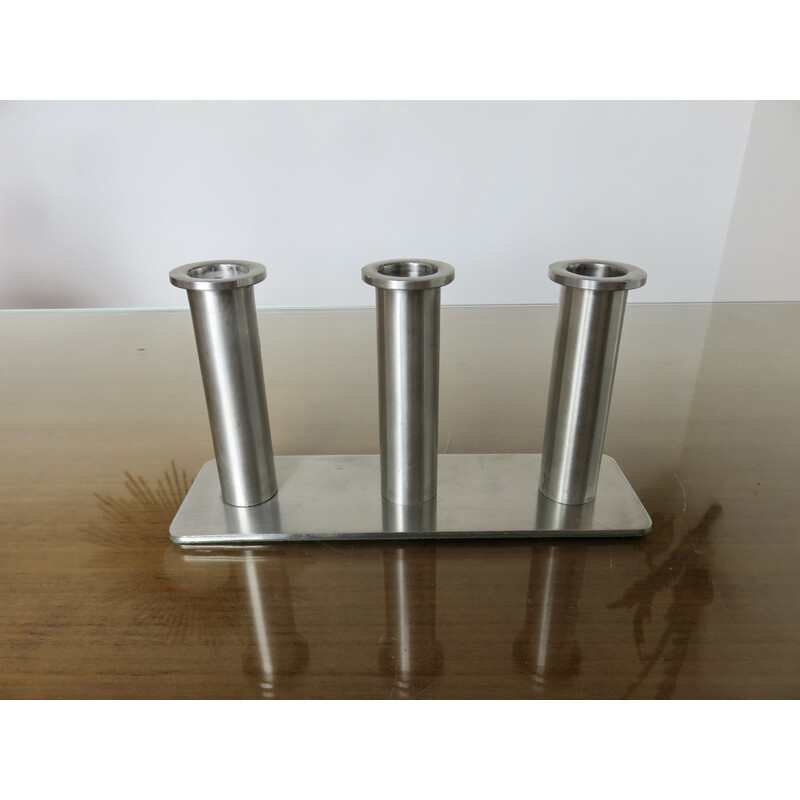 Vintage stainless steel candlestick with 3 candles, 1970