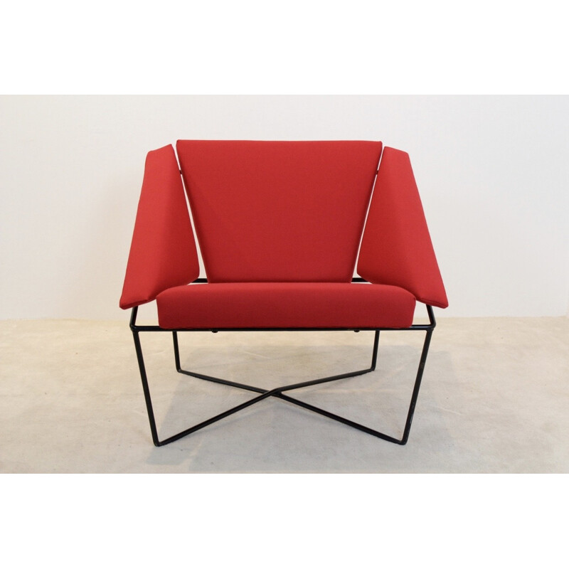 Sculptural pair of Van Speyk red easy chairs in wool and steel by Rob Eckhardt - 1980s
