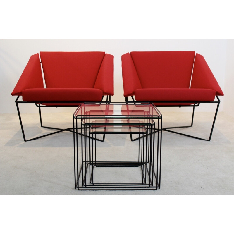 Sculptural pair of Van Speyk red easy chairs in wool and steel by Rob Eckhardt - 1980s