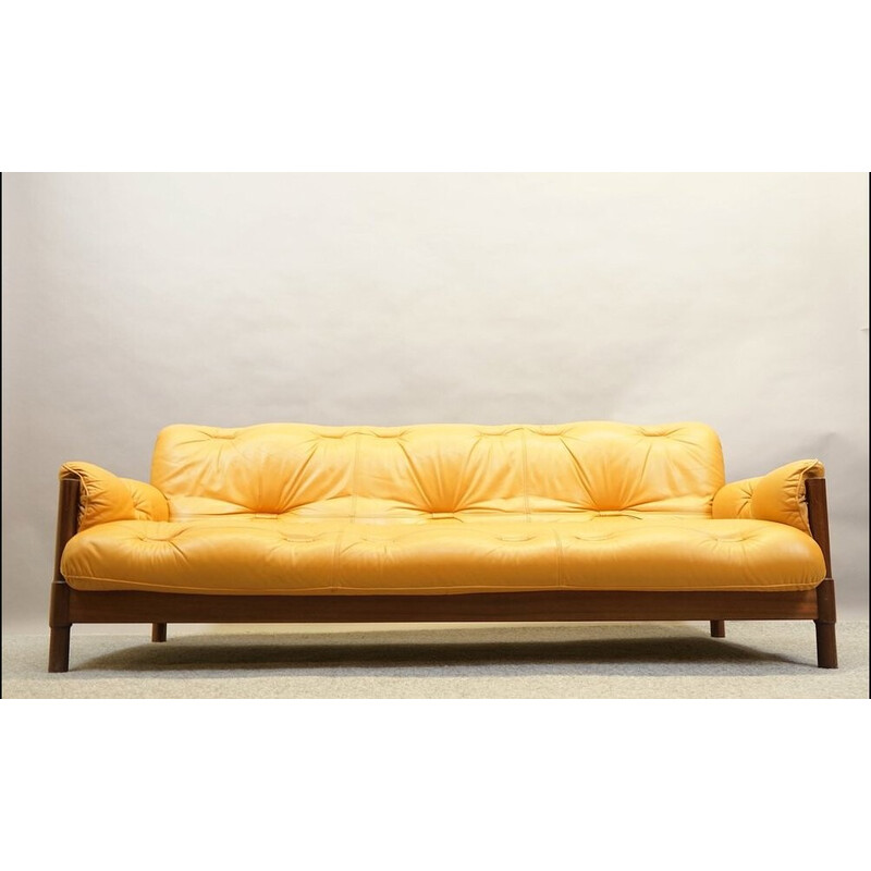 Vintage 3-seater sofa in Brazilian leather and Jatoba wood, 1970