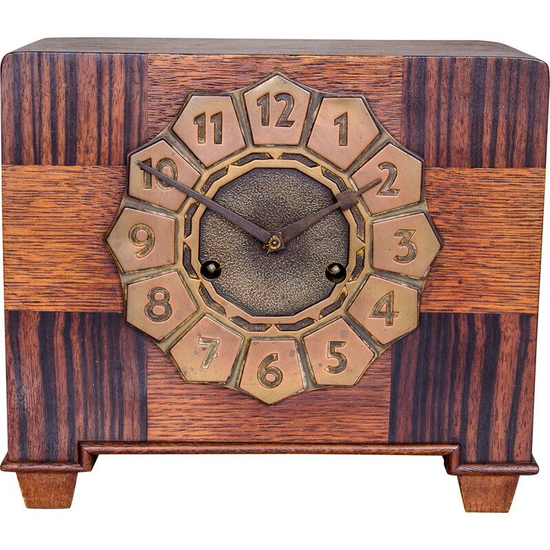 Horloge de cheminée vintage Art Déco en palissandre et chêne, 1920