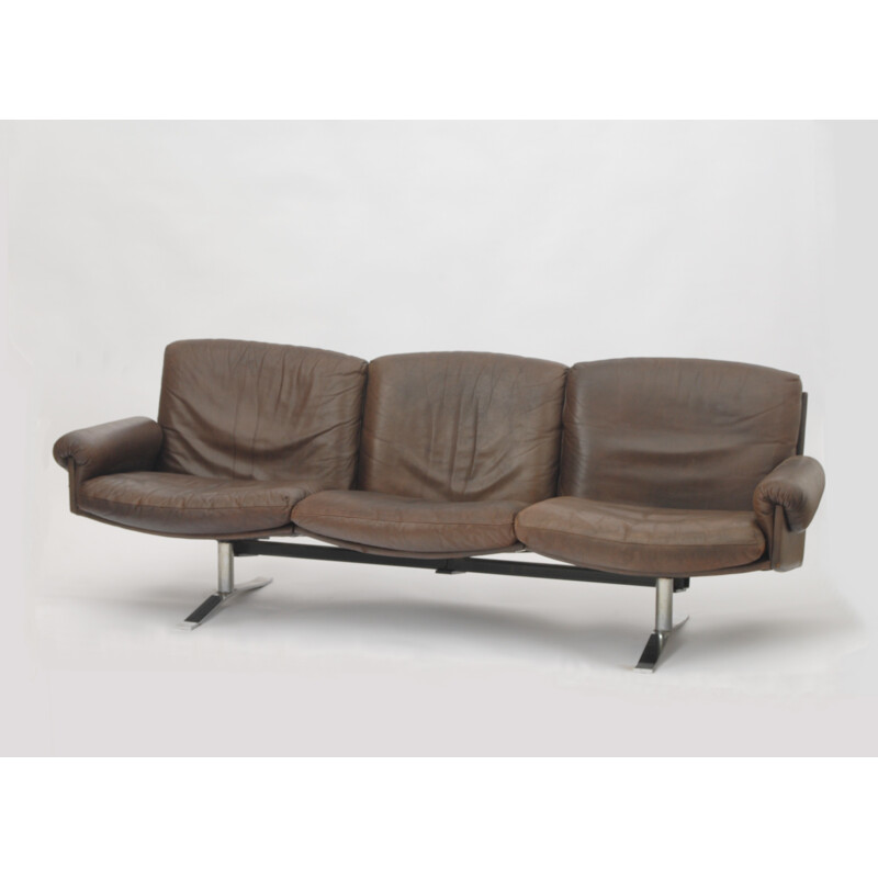 3-seater brown sofa in leather and chromium - 1970s