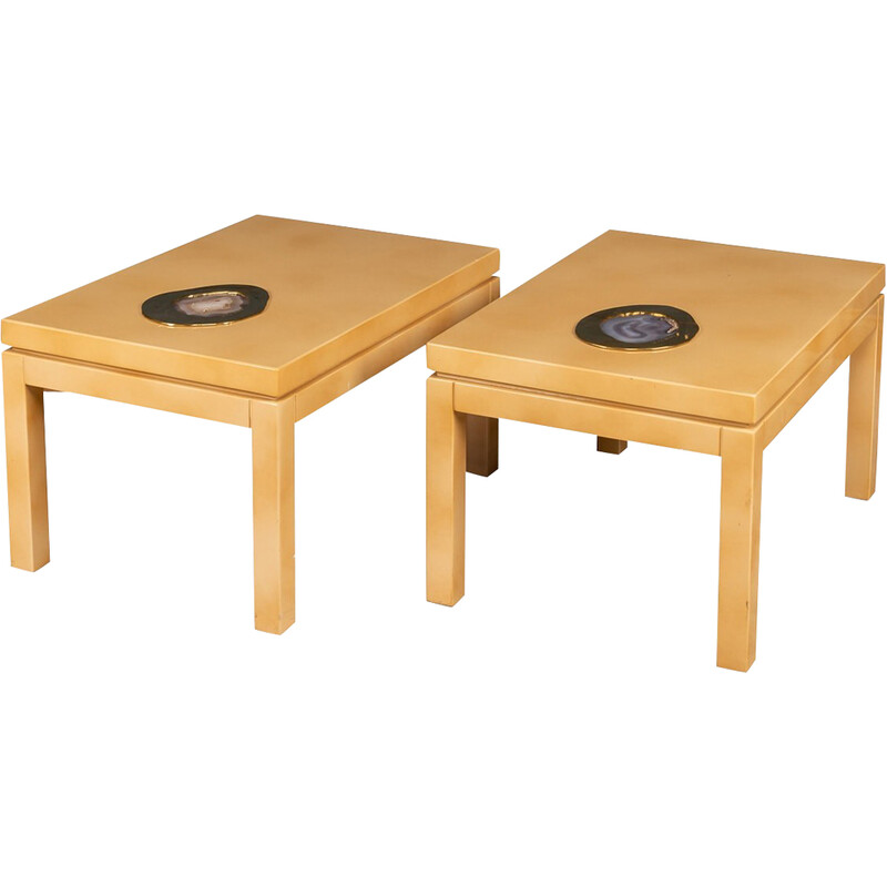 Pair of vintage side tables in Belgian lacquered wood and agate by Willy Daro, Belgium 1970