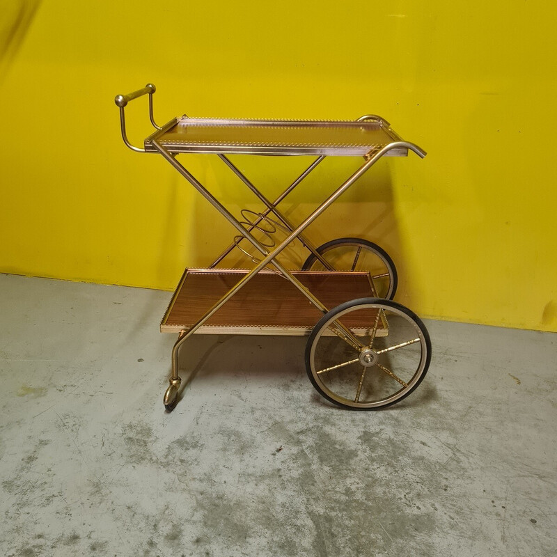 Vintage serving trolley in gold metal and formica, France 1974