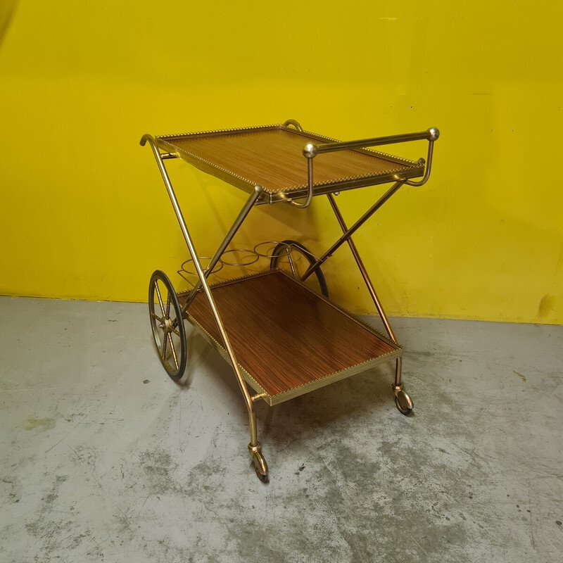 Vintage serving trolley in gold metal and formica, France 1974