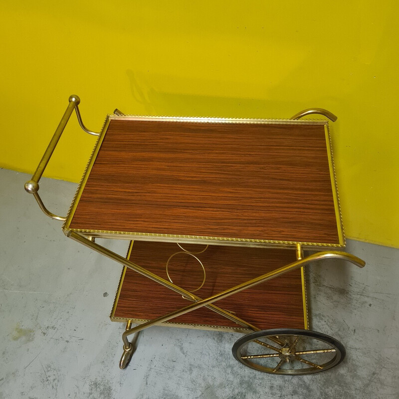 Vintage serving trolley in gold metal and formica, France 1974
