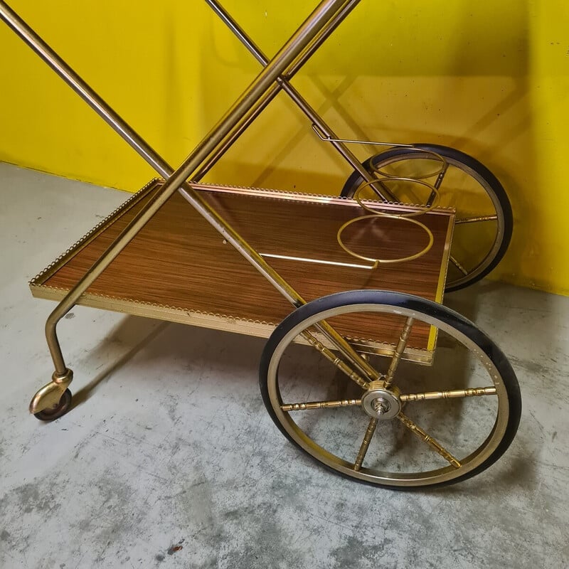 Chariot de service vintage en métal doré et formica, France 1974