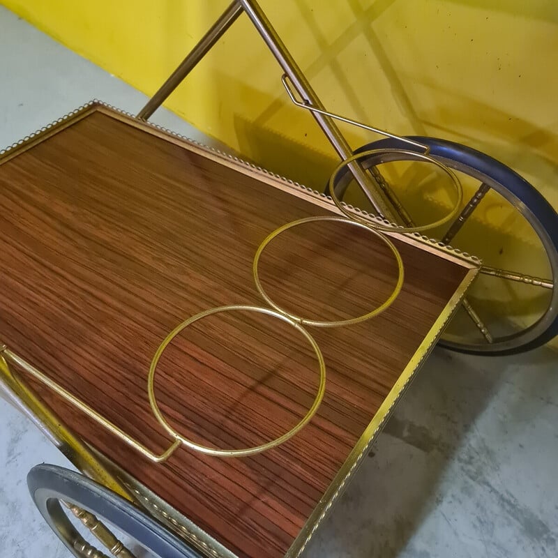 Chariot de service vintage en métal doré et formica, France 1974