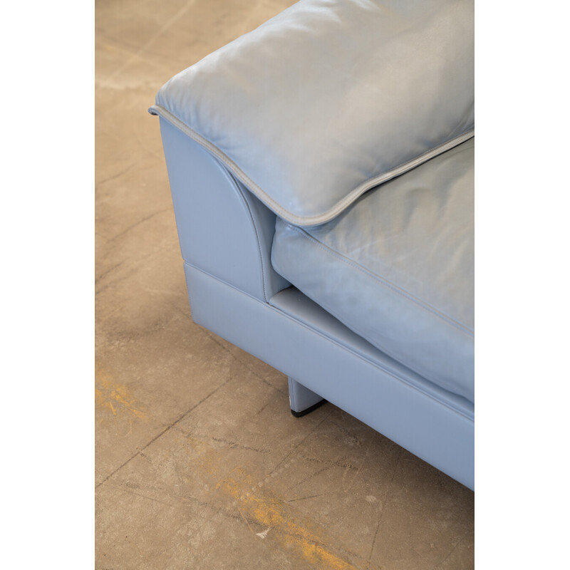 Vintage Serenade corner sofa in light blue leather and goose down by Tito Agnoli for Frau, Italy 1980