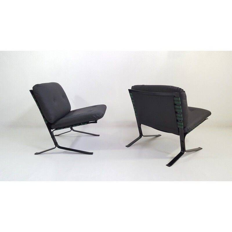 Pair of black leatherette and metal Airborne low chairs by Olivier Mourgue - 1960s