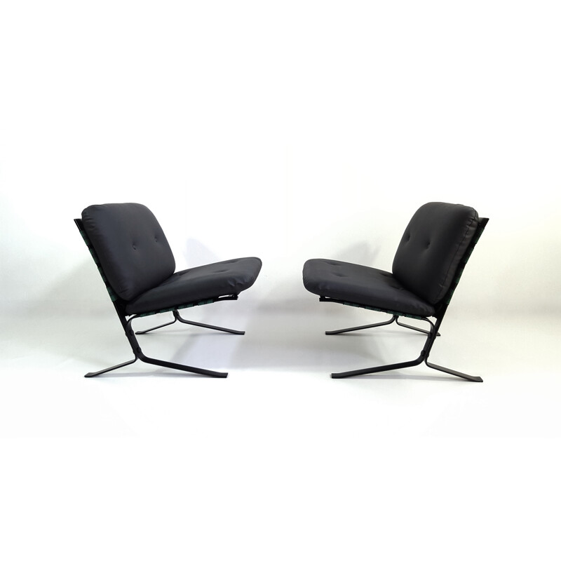 Pair of black leatherette and metal Airborne low chairs by Olivier Mourgue - 1960s